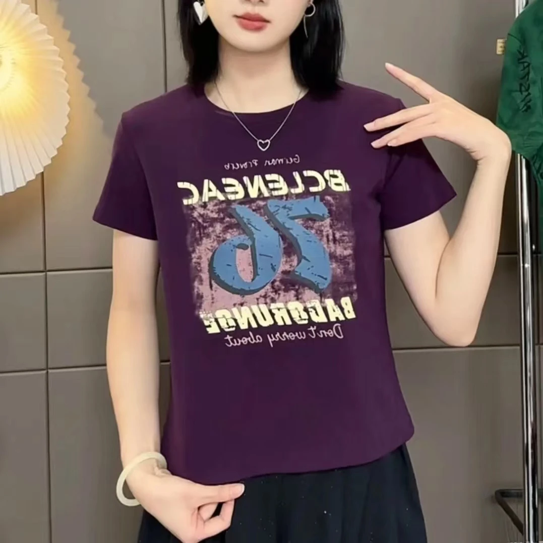 76字母舒适百搭休闲时尚新款圆领字母数字印花ins短袖T恤女