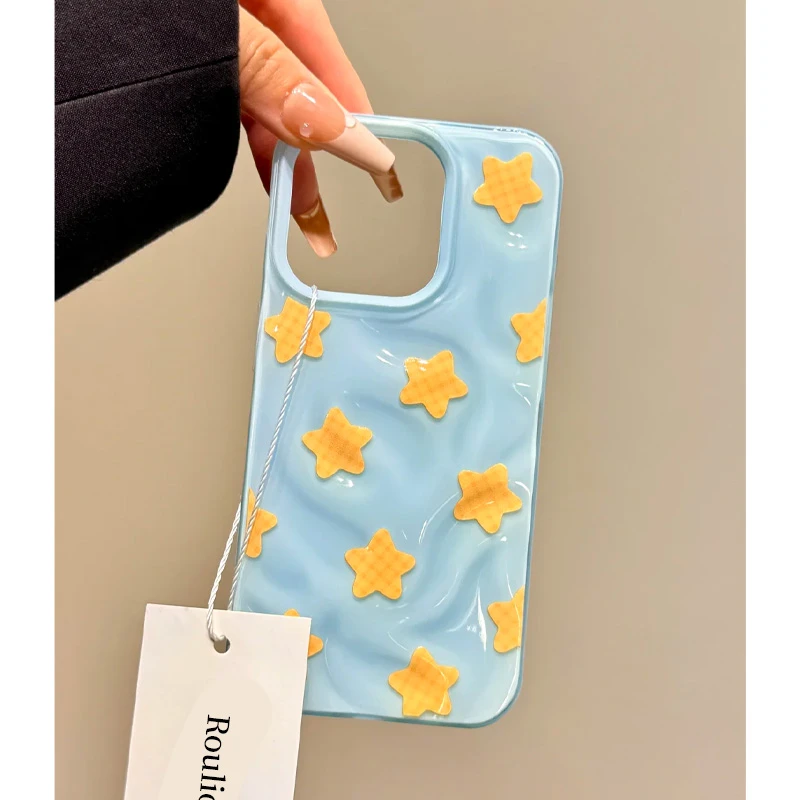 BANCA不规则褶皱格纹星星适用苹果16Promax手机壳iPhone15/14/13
