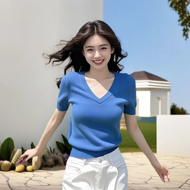 百搭蓝色针织衫正肩修身短袖T恤夏季新款简约薄款显瘦针织上衣胖m