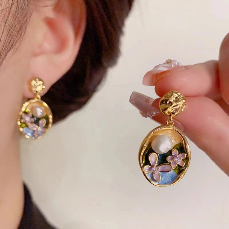 莫奈花园滴油银针仿珍珠花朵椭圆耳环小众时尚设计感百搭耳坠1424