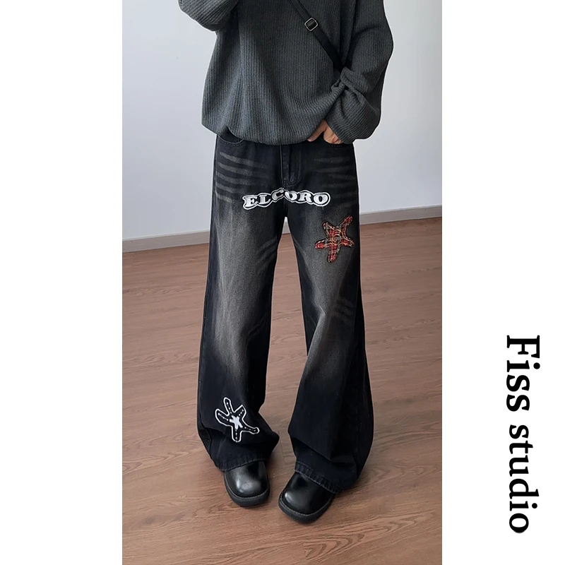 美式复古格纹星星贴布绣男装牛仔裤设计感宽松休闲阔腿裤黑色做旧