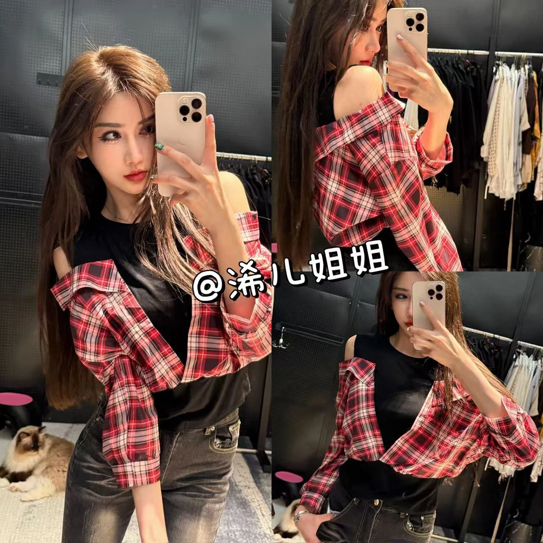 假两件露肩不规则长袖格子衬衫拼色上衣