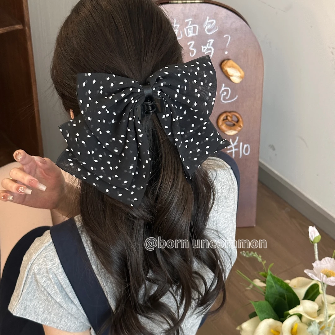 氛围感波点雪纺蝴蝶结发夹女2025新款后脑勺盘发抓夹