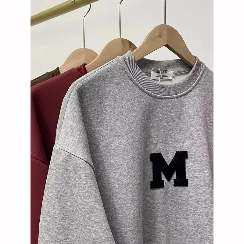 特大码300斤美式字母刺绣圆领灰色长袖卫衣秋季宽松慵懒休闲上衣