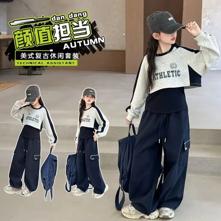 【测款价】女童秋季三件套2025美式长袖印花卫衣工装裤中大童套装