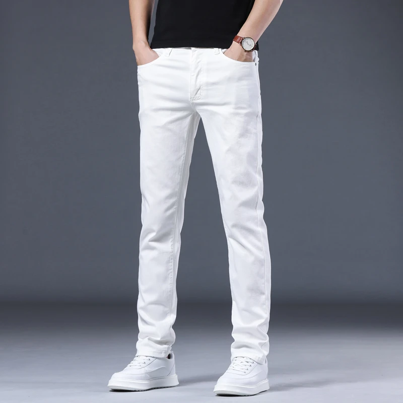 香港夏季薄款冰氧吧直筒纯白色牛仔裤男款修身休闲长裤宽松男裤子