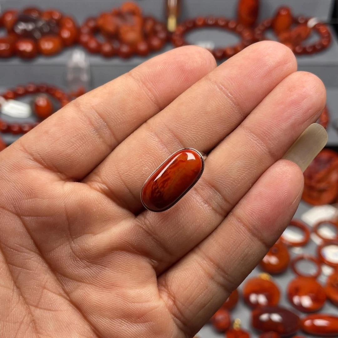 南红玛瑙银S925镶嵌珠宝奇石戒指