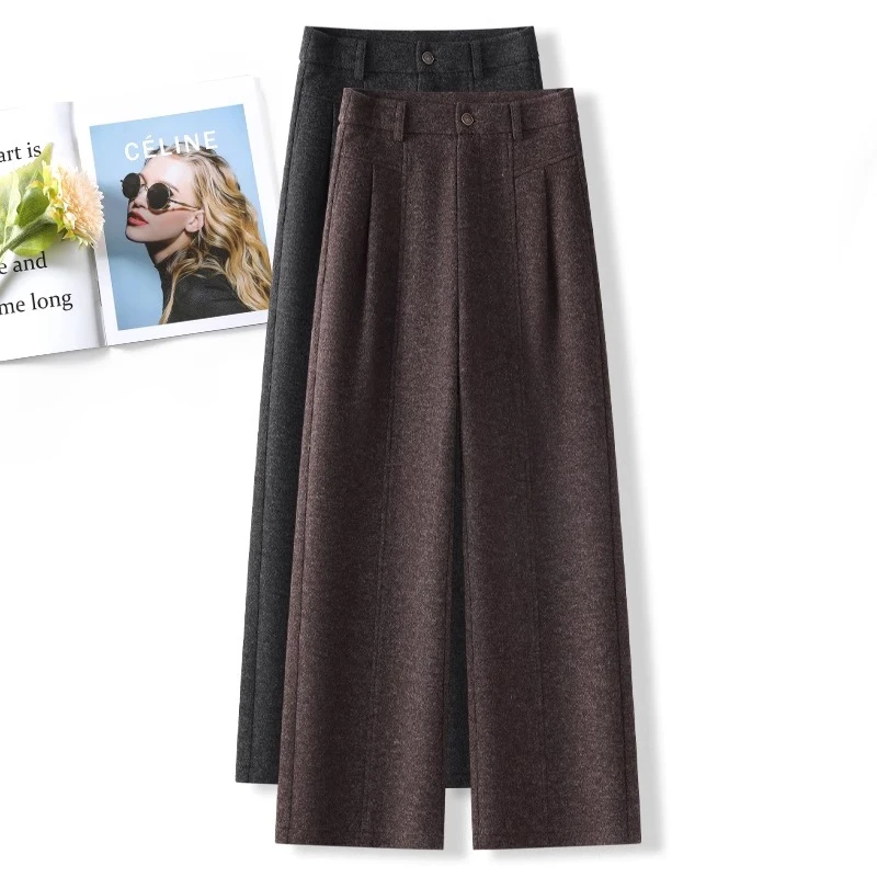 加绒毛呢阔腿裤女秋冬季2025年新款加厚高腰休闲裤子直筒风琴长裤