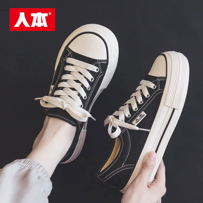 人本帆布鞋女鞋男鞋低帮系带学生厚底爆款鞋子女款爆款2025新款