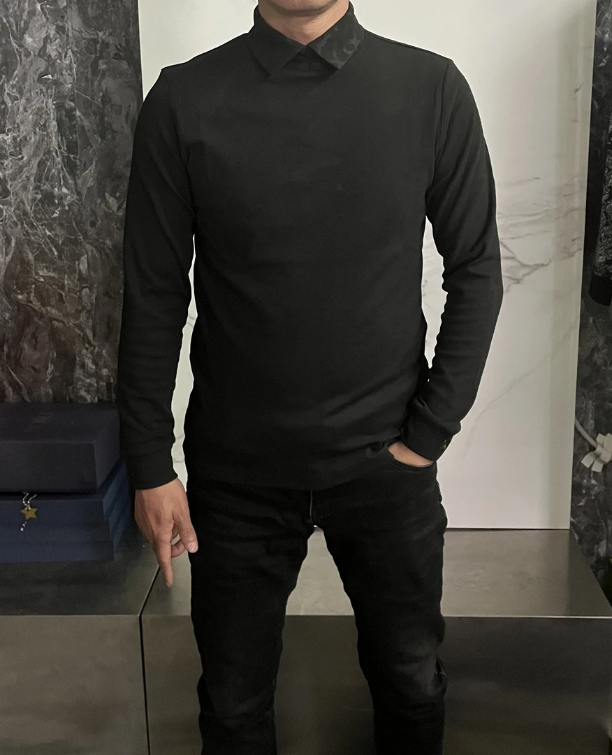 设计师秋冬男士时尚百搭长袖简约修身针织休闲弹力中翻领保暖男装