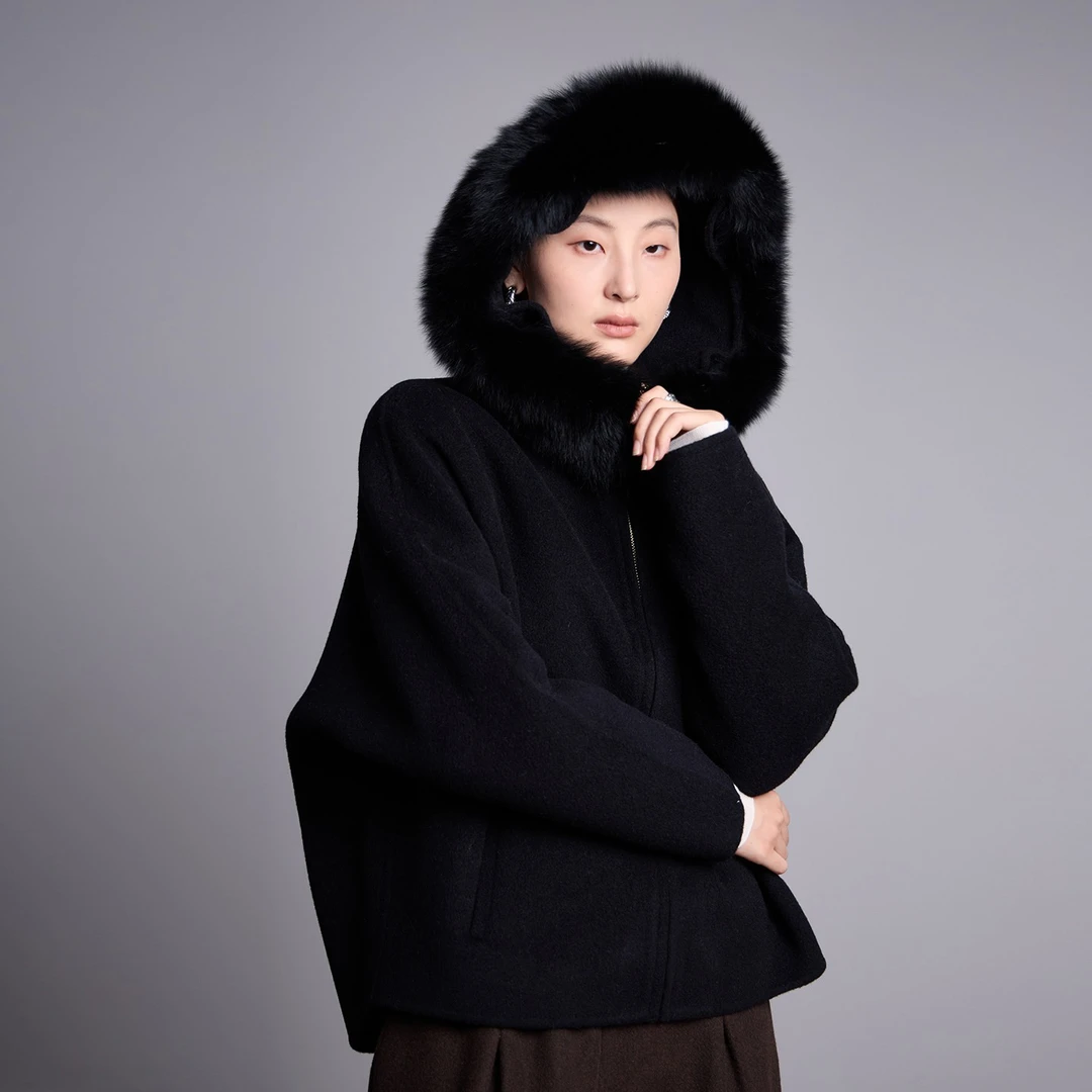 【奕姐定制】连帽羊毛大衣女双面羊驼毛外套黑色时尚保暖大毛领短款
