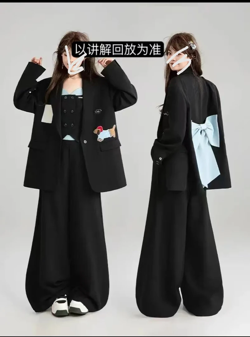 公主 可爱腊肠狗西装外套女春装小西服+背心+休闲裤三件套