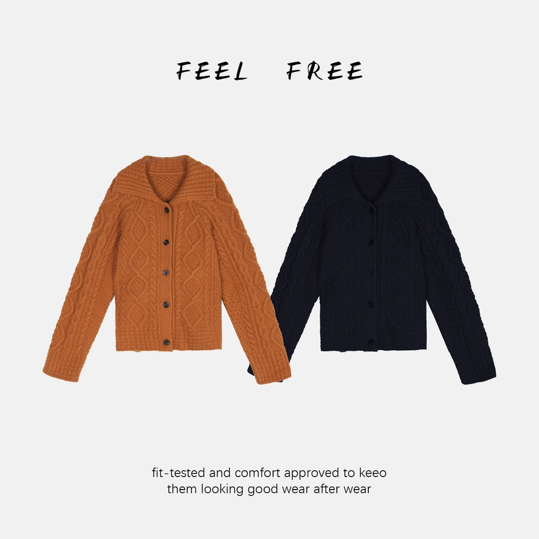FEEL FREE-暖焦糖麻花翻领绵羊毛针织开衫 2025新款NEW