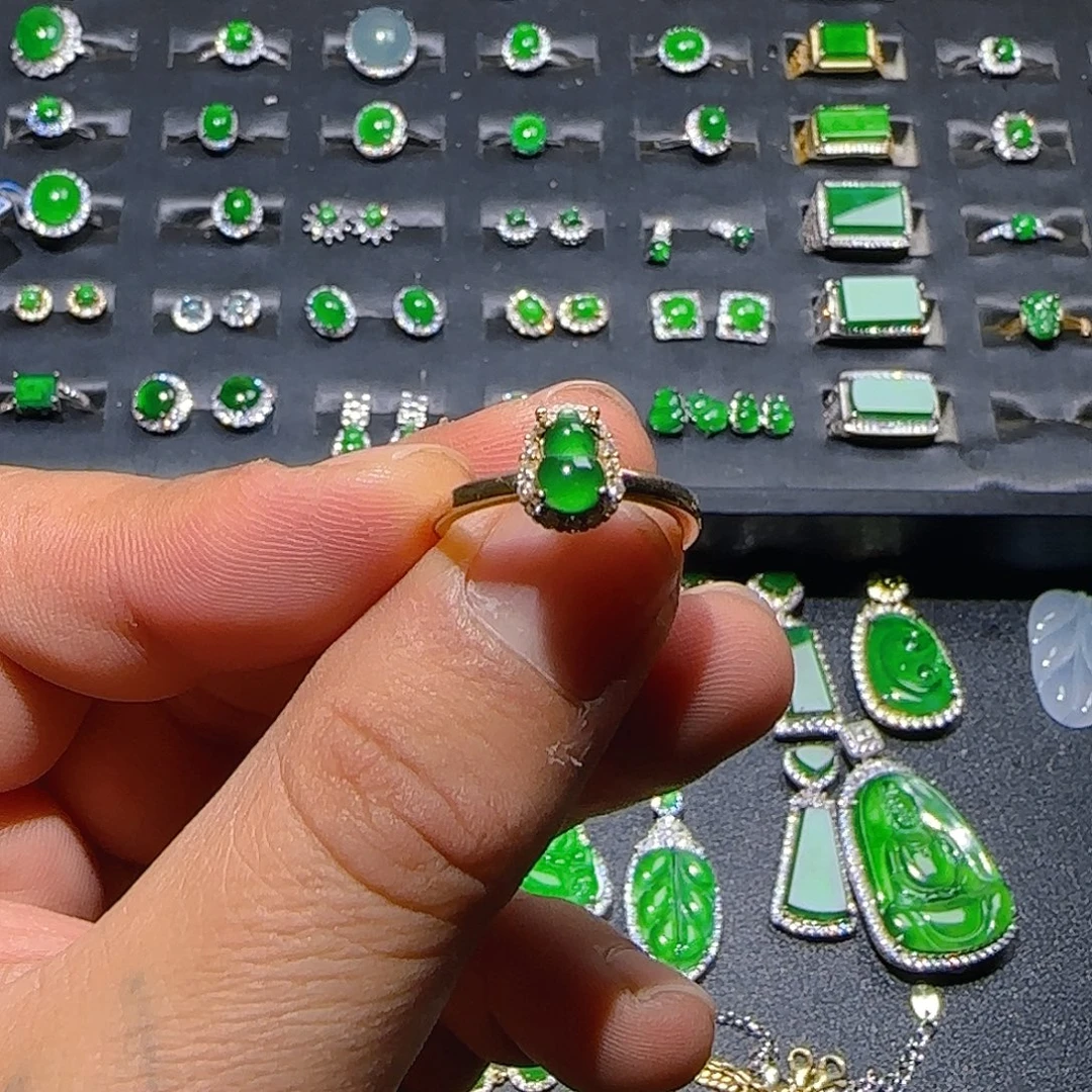 翡翠银S925镀金镶嵌戒指