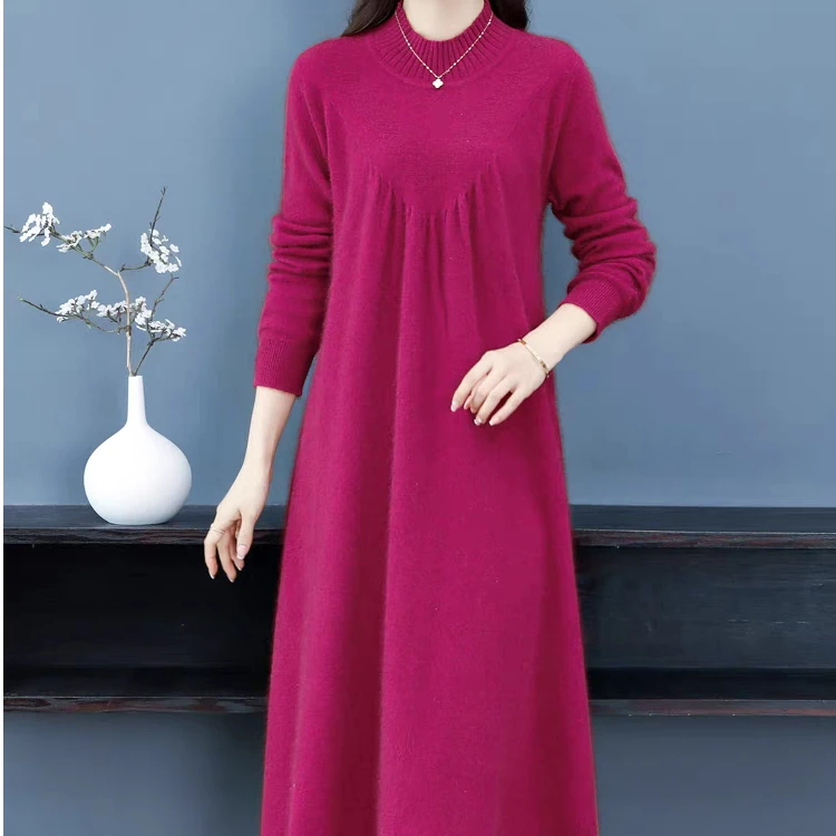 名嫒羊毛针织连衣裙女2025新款秋冬气质毛衫半高领中长款过膝裙子