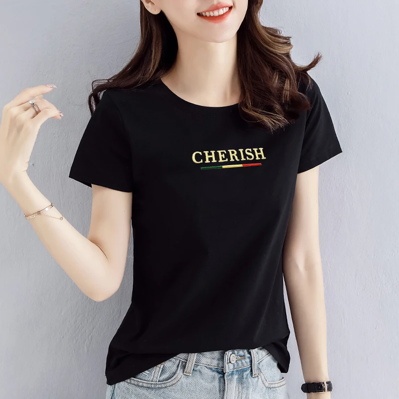 冰感舒适短袖圆领刺绣黑色t恤女夏2025新款洋气显瘦正肩爆款上衣