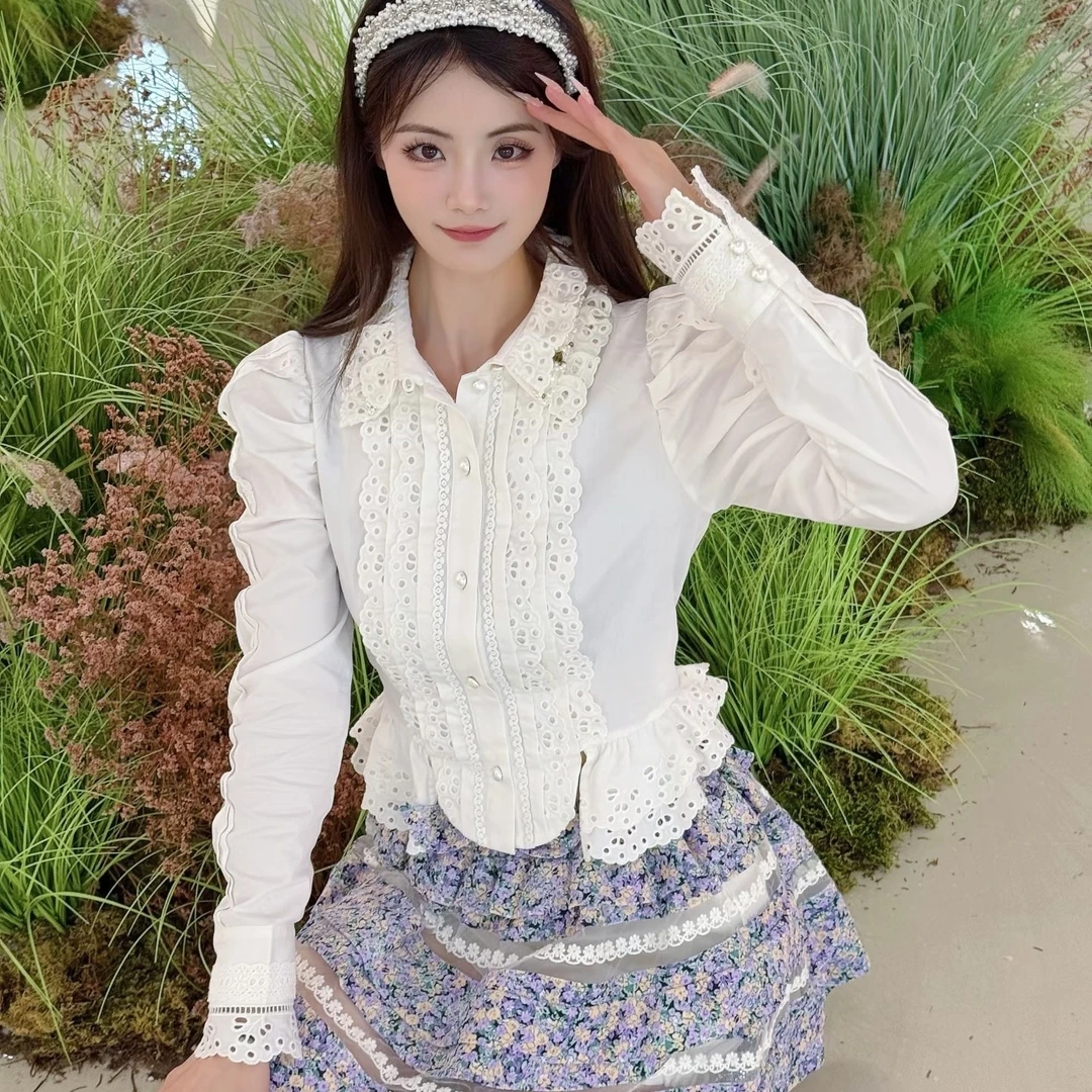 洛可可宫廷风白衬衫女 蕾丝刺绣泡泡袖短款衬衣