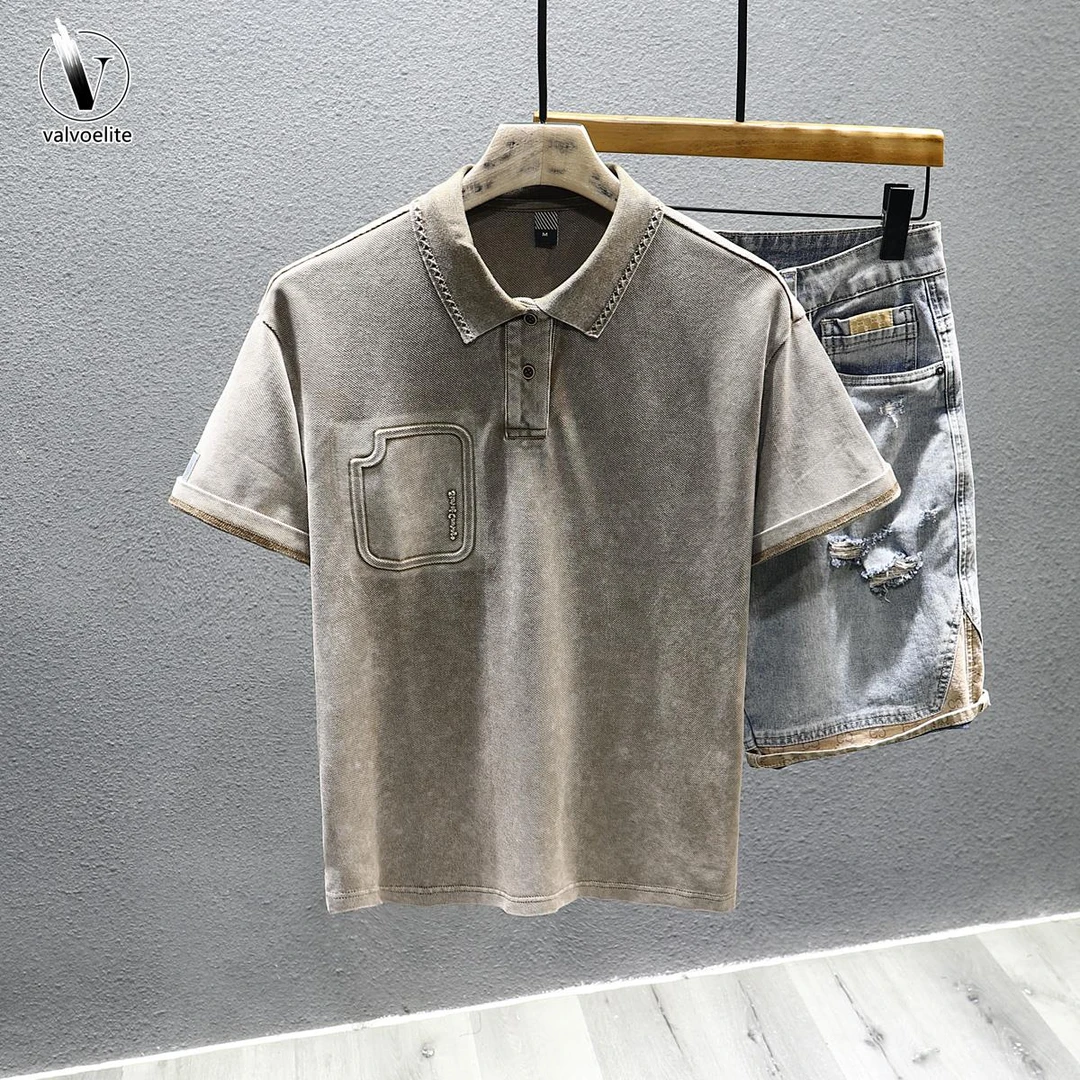 VALVOELITE美式复古做旧重磅短袖体恤男夏季宽松潮牌工装翻领上衣