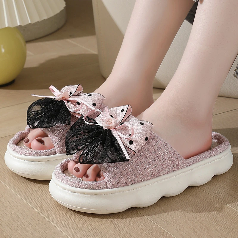 新款亚麻拖鞋女夏季蝴蝶结家居防滑日常透气踩屎感室内厚底亚麻拖