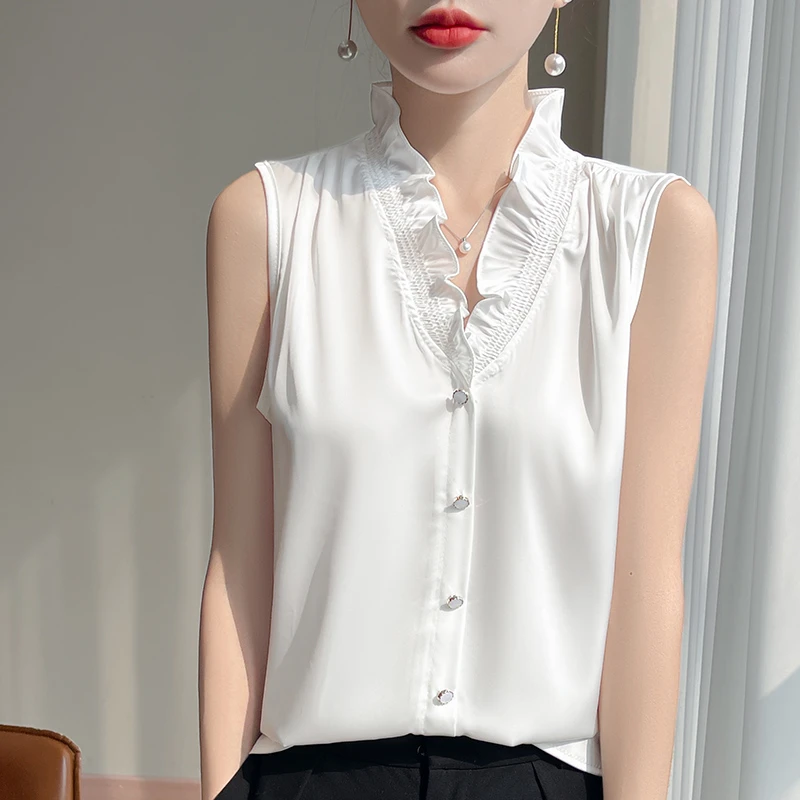 夏季新款时尚百搭女士V领木耳边无袖背心通勤