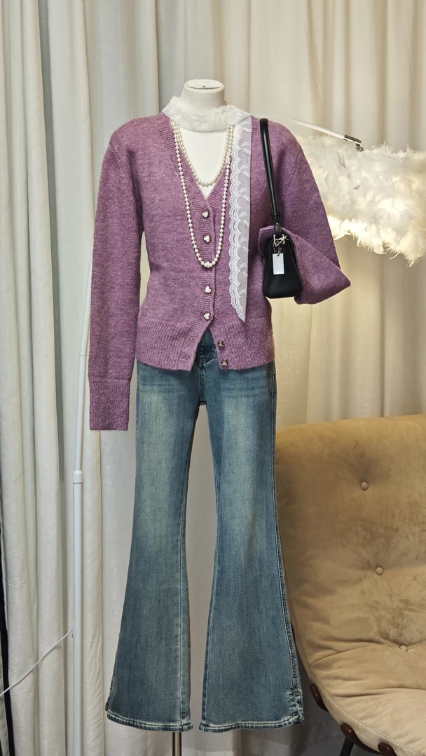 V领针织开衫上衣宽松慵懒风软糯毛衣 68007