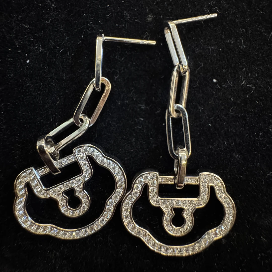 非金属莫桑石耳饰 如意国风锁白金色耳环