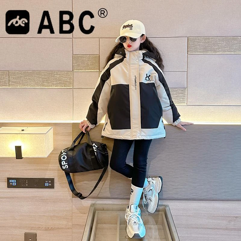 ABC女童羽绒服冬装2024儿童加厚冲锋衣女大童防风保暖白鸭绒外套