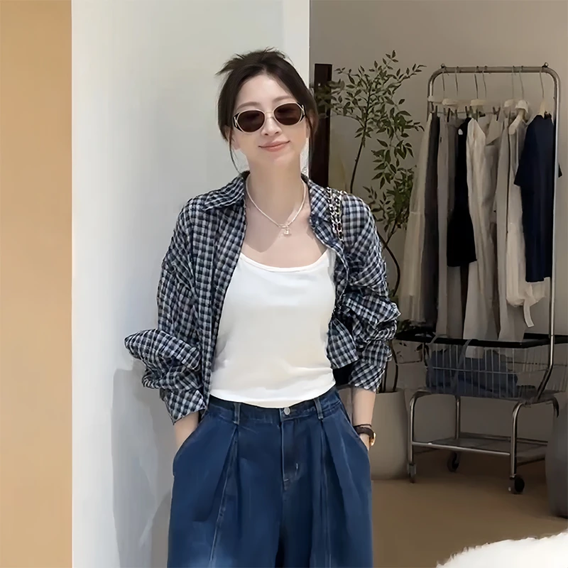 复古格纹长袖防晒衬衫女2025新款夏日轻薄开衫短外套显瘦百搭上衣