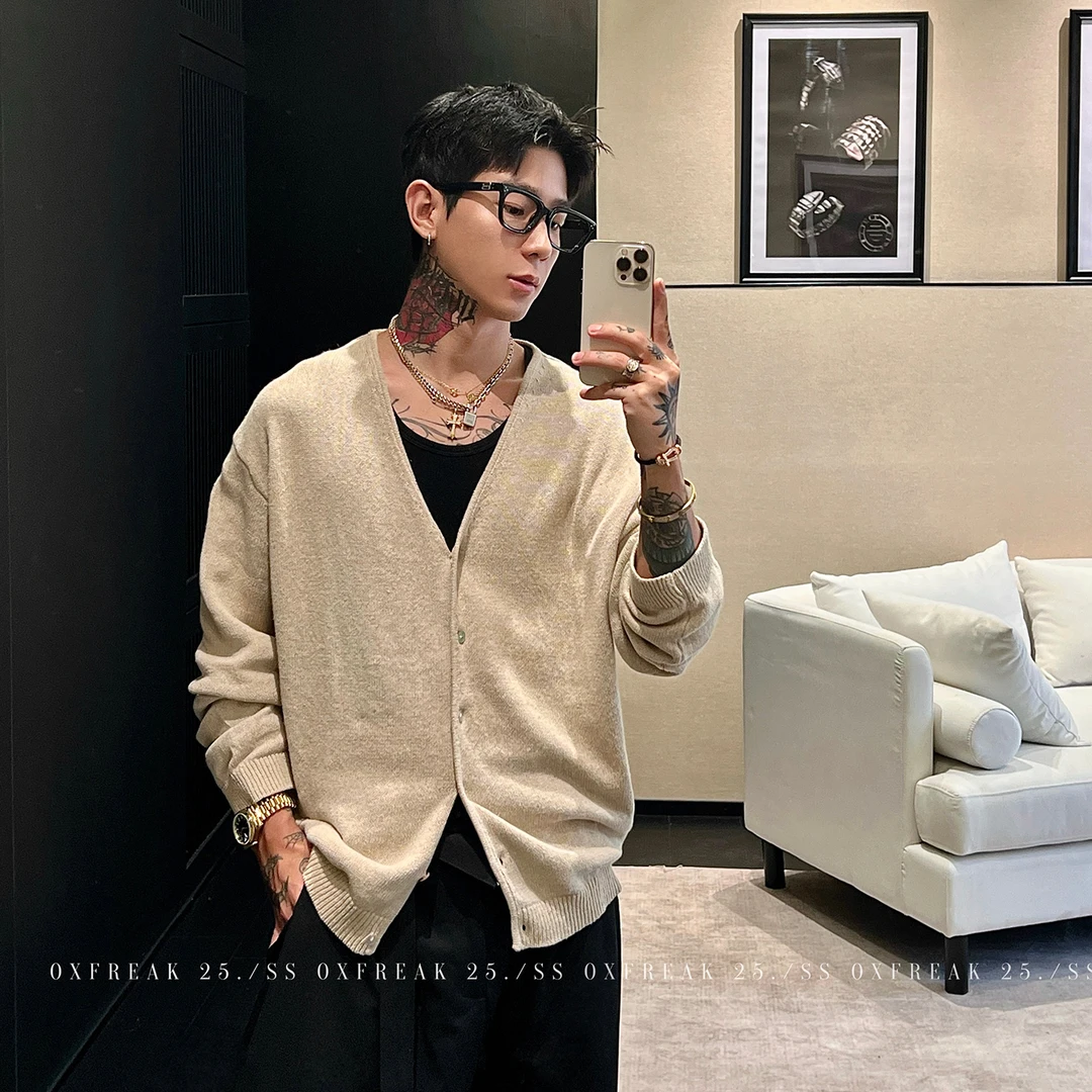 OXFREAK「老钱新贵 亚麻混纺」排扣V领开衫毛衣男韩系修身针织衫