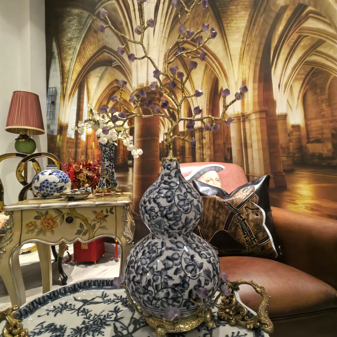 X1041  青花瓷黄铜葫芦摆件客厅玄关装饰摆件