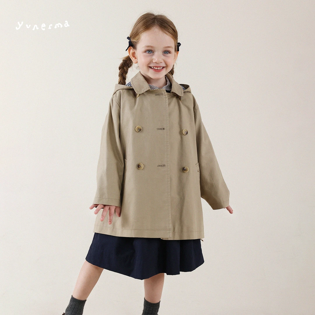 允儿妈女童秋季莱赛尔中长款连帽风衣宝宝洋气外套儿童洋气上衣潮