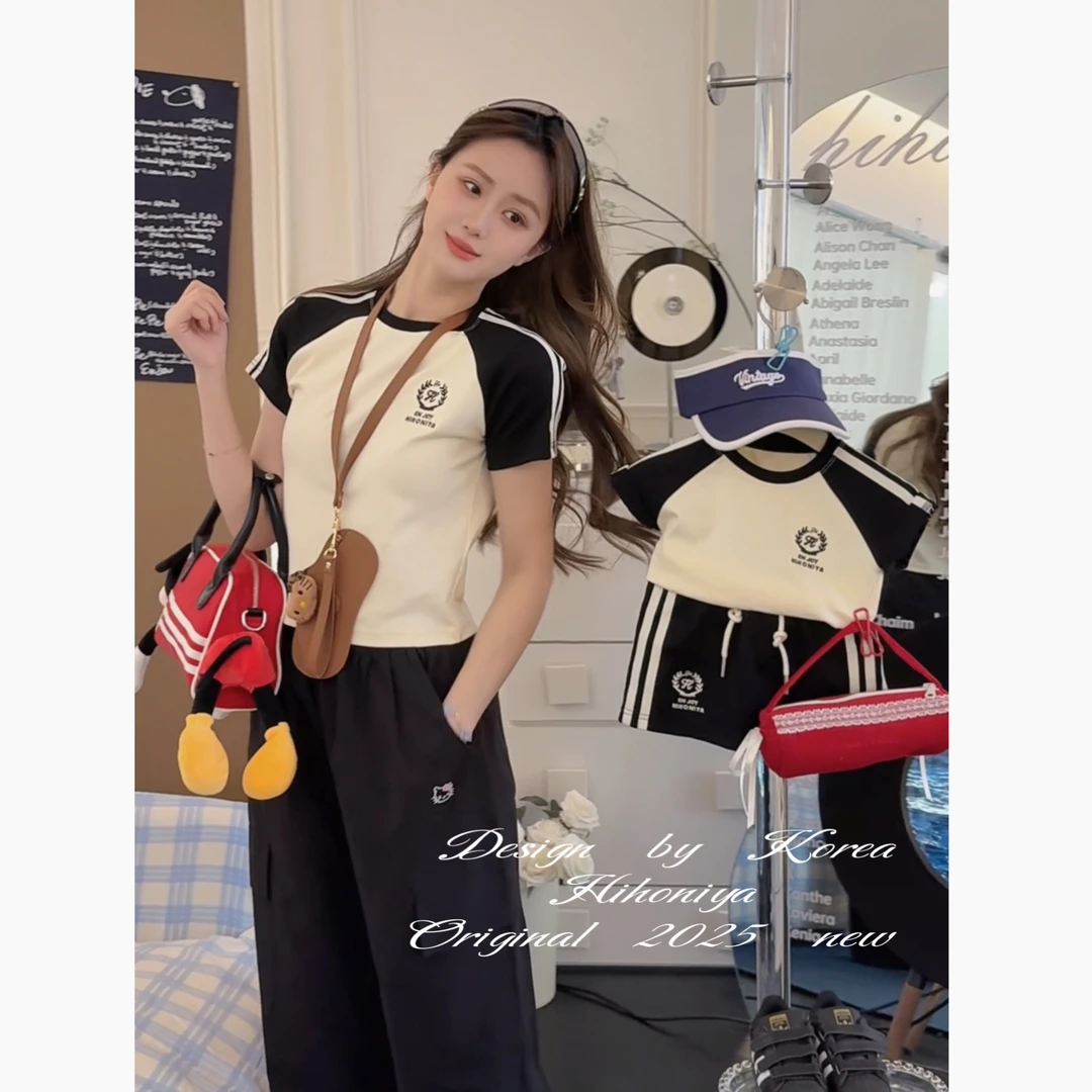 【棒球少女】二Hihoniya~2025夏季欧若风亲子条纹字母撞色运动套装