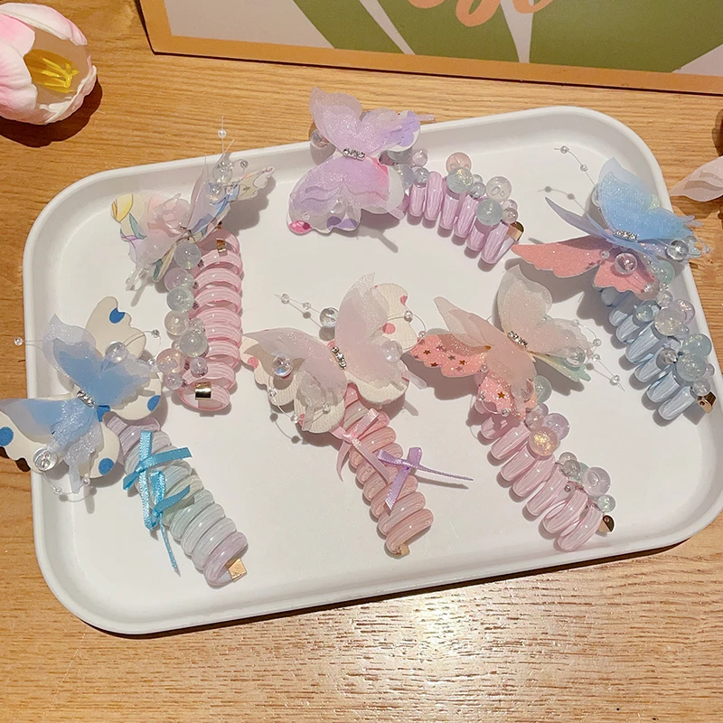 儿童卡通蝴蝶结电话线发圈头绳甜美女童编发神器橡皮筋不伤发发饰