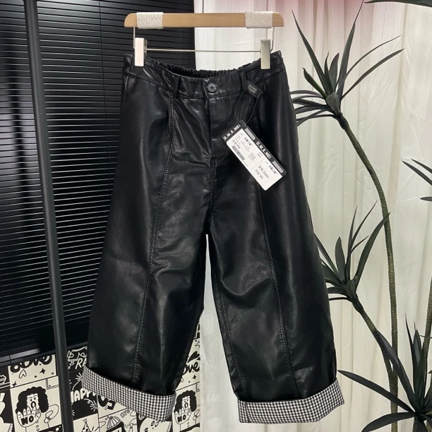 大码女装挽边格子皮裤