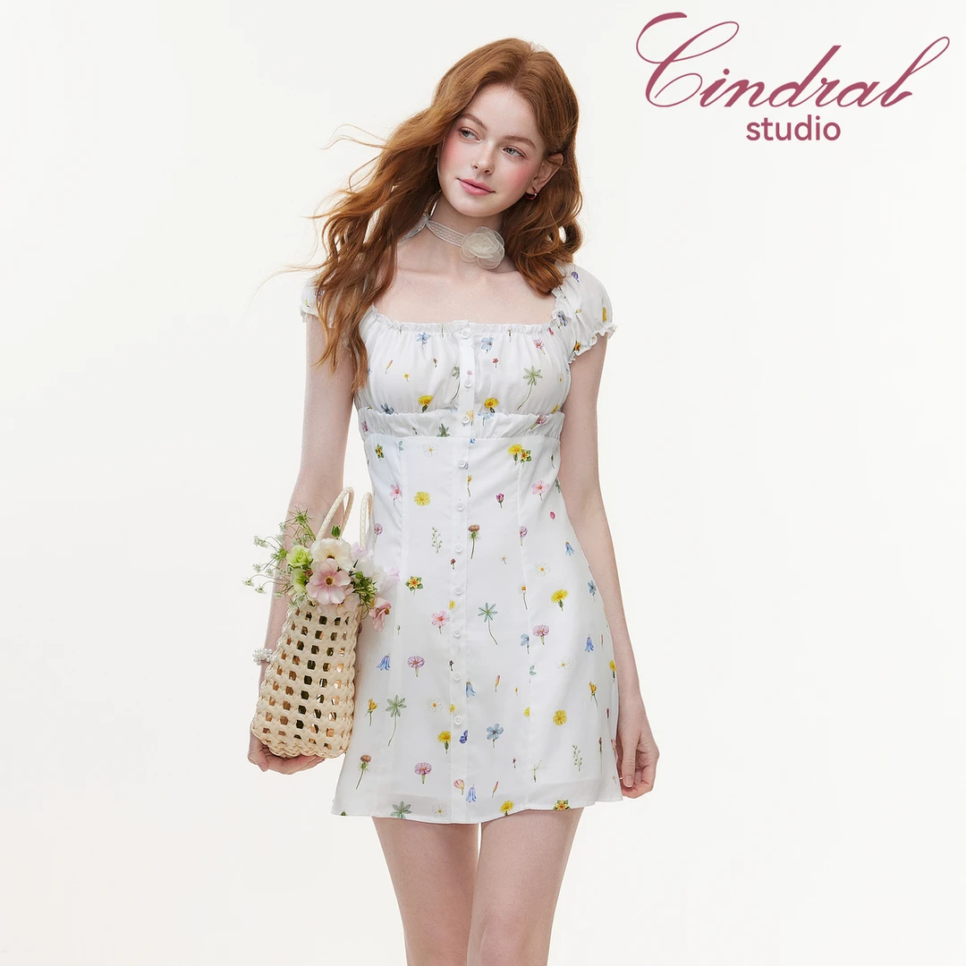 【熙地】显瘦泡泡袖气质收腰可爱碎花拉链短款连衣裙 C85XD0259W