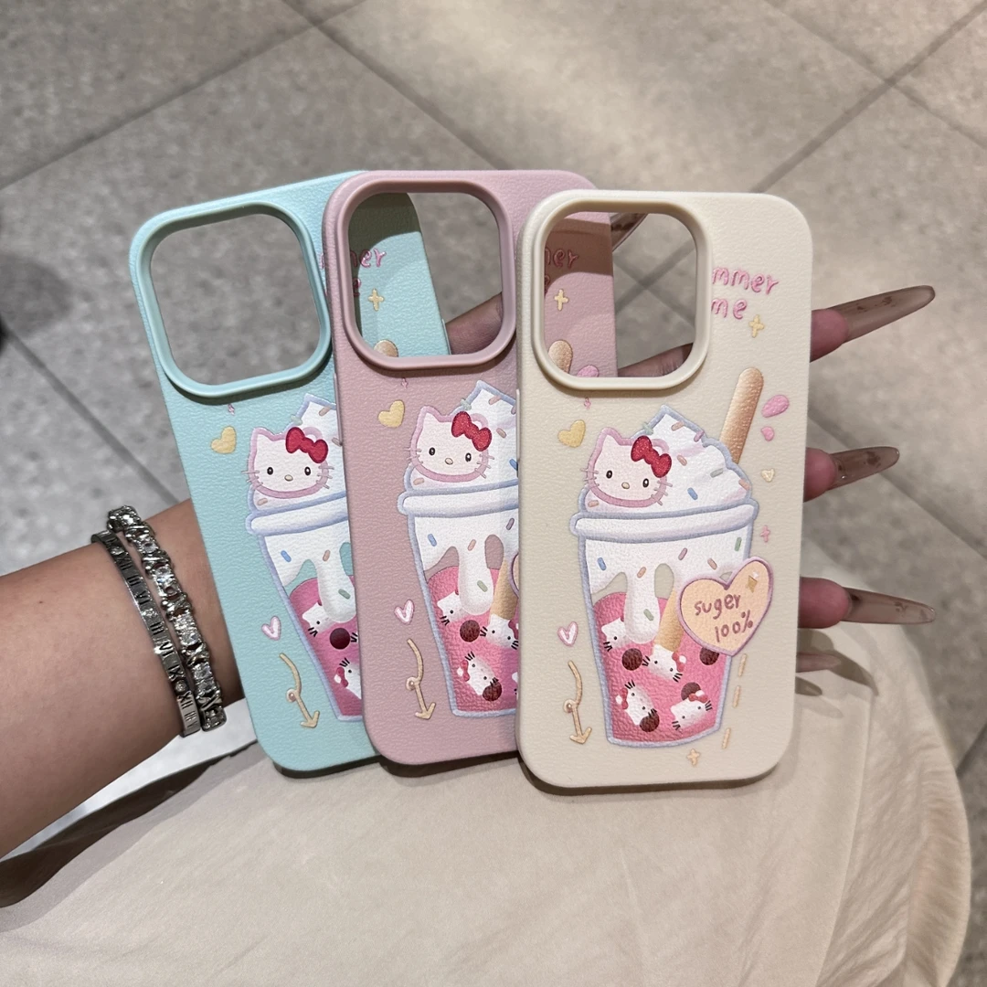 凯蒂猫冰激凌适用于苹果14手机壳iPhone15/11皮纹壳13软防摔16pro