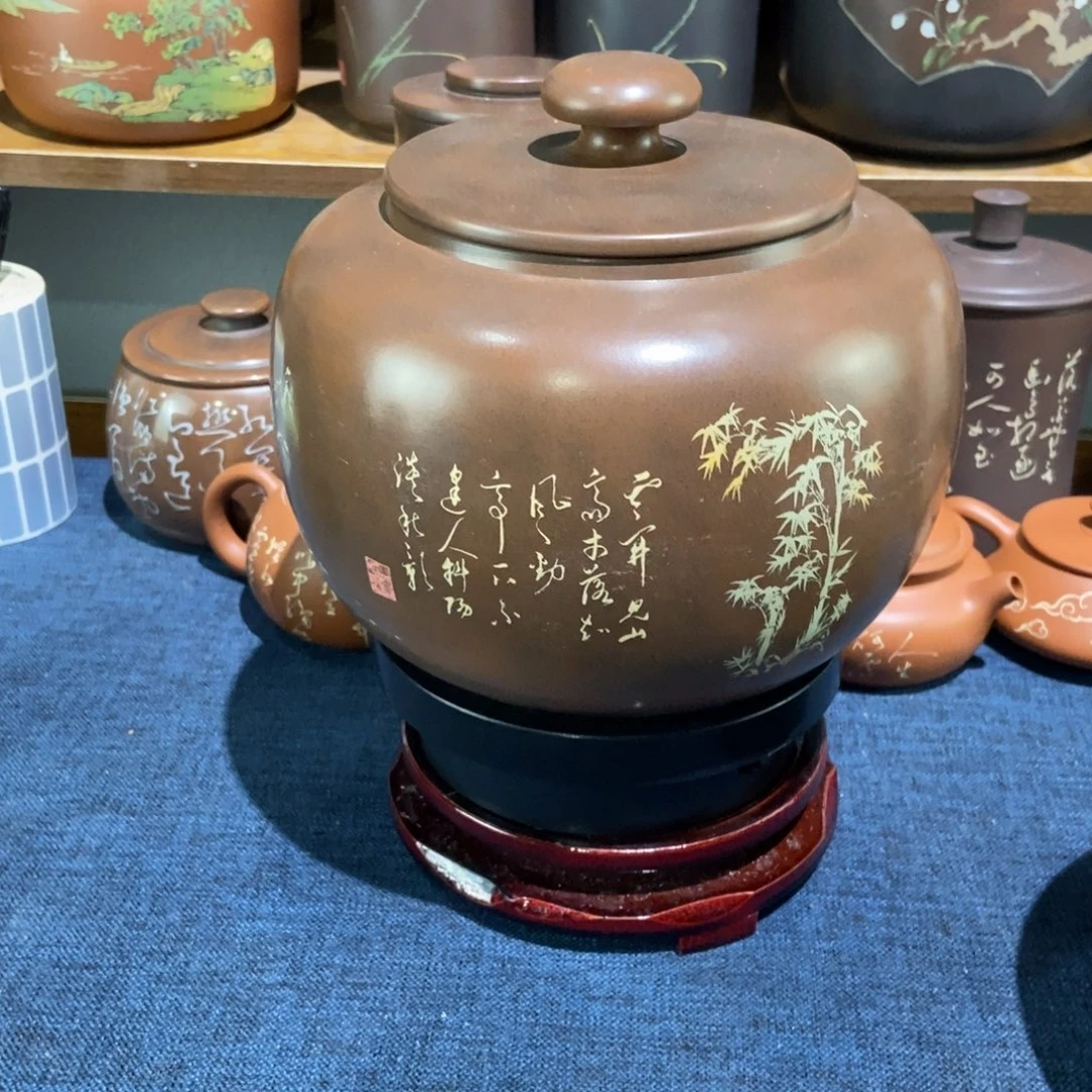 4建水紫陶手工彩填醒茶罐