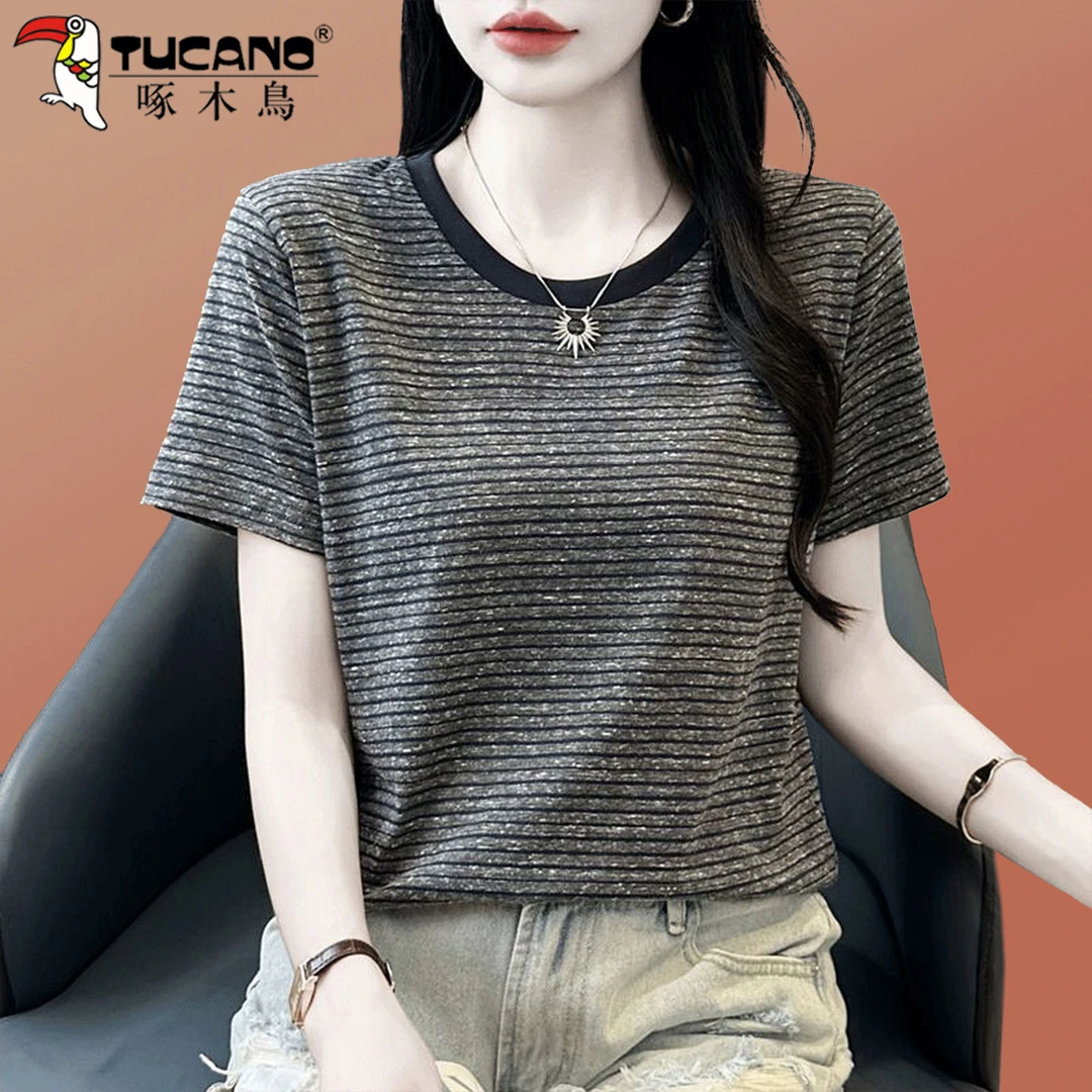 啄木鸟条纹t恤女短袖夏季薄款2025新款韩版漂亮妈妈休闲圆领上衣