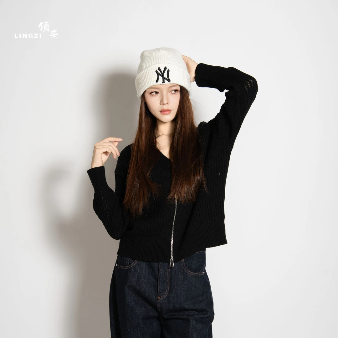 LINGZI/领姿 秋冬新款宽松时尚百搭气质V领拉链针织开衫711574