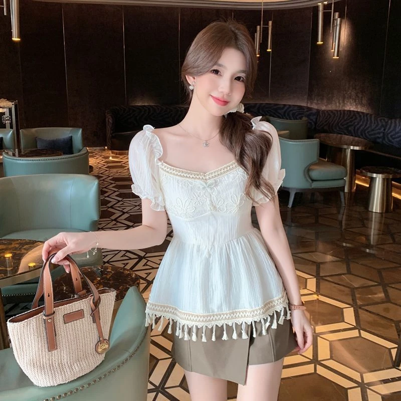 小清新泡泡袖方领雪纺衬衫女夏季纯欲一字肩收腰上衣绝美短袖衬衣