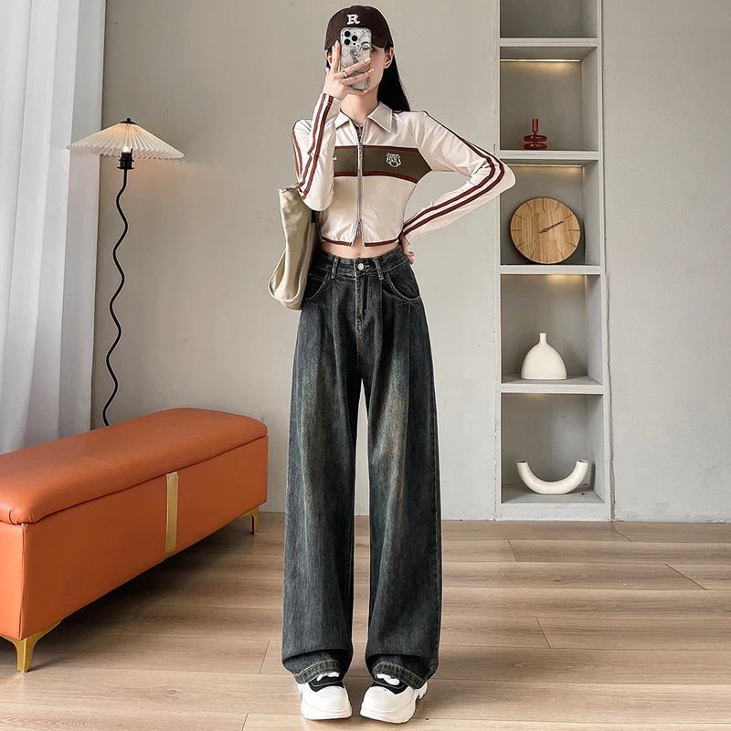 水泥灰牛仔裤女2025秋冬加绒潮流高腰复古宽松垂感做旧阔腿拖地裤