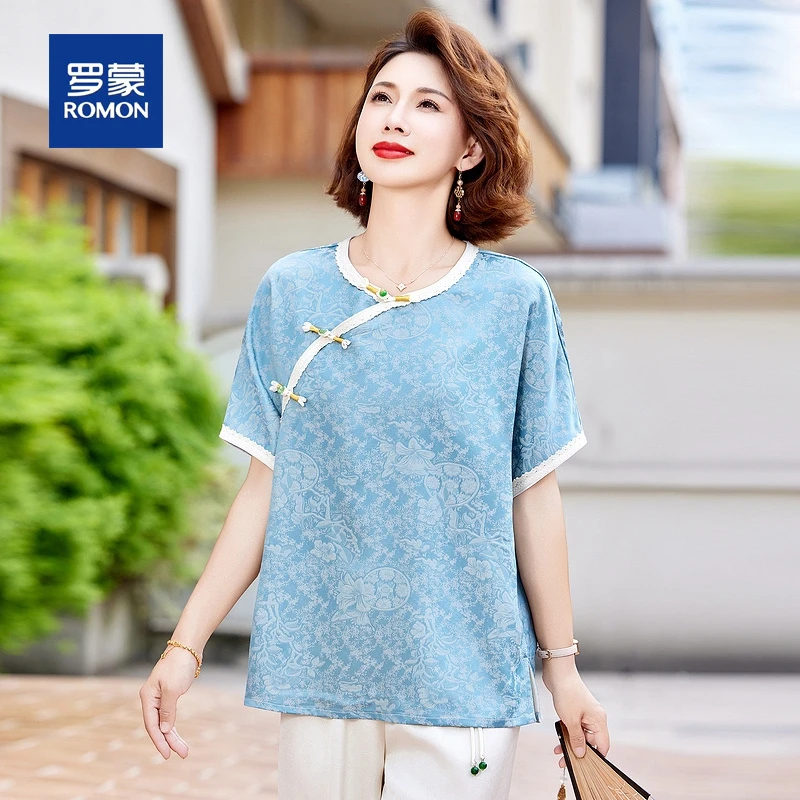 罗蒙年轻妈妈夏装新中式国风小衫套装女中老年贵夫人高档气质衬衫