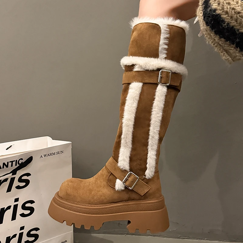 7CM厚底增高不过膝加绒骑士靴女雪地靴2025冬季新款保暖长筒棉鞋