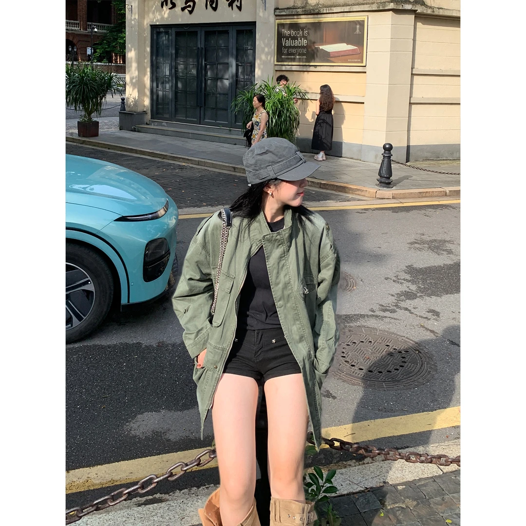 木子羊 中长款工装风衣女秋季宽松立领长袖外套上衣
