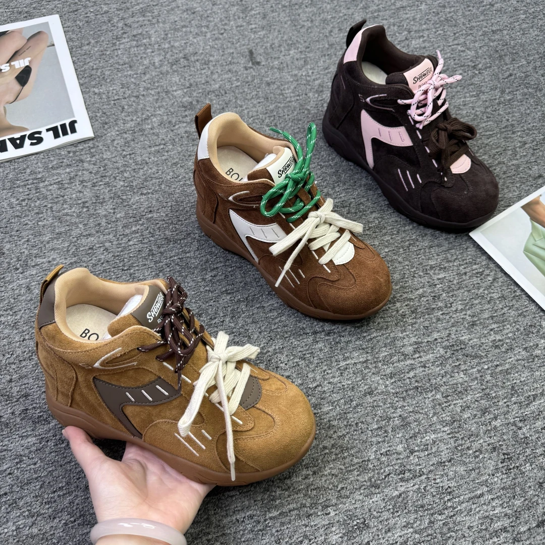增高9cm春夏秋运动德训鞋系带内增高女鞋真皮百搭圆头女鞋