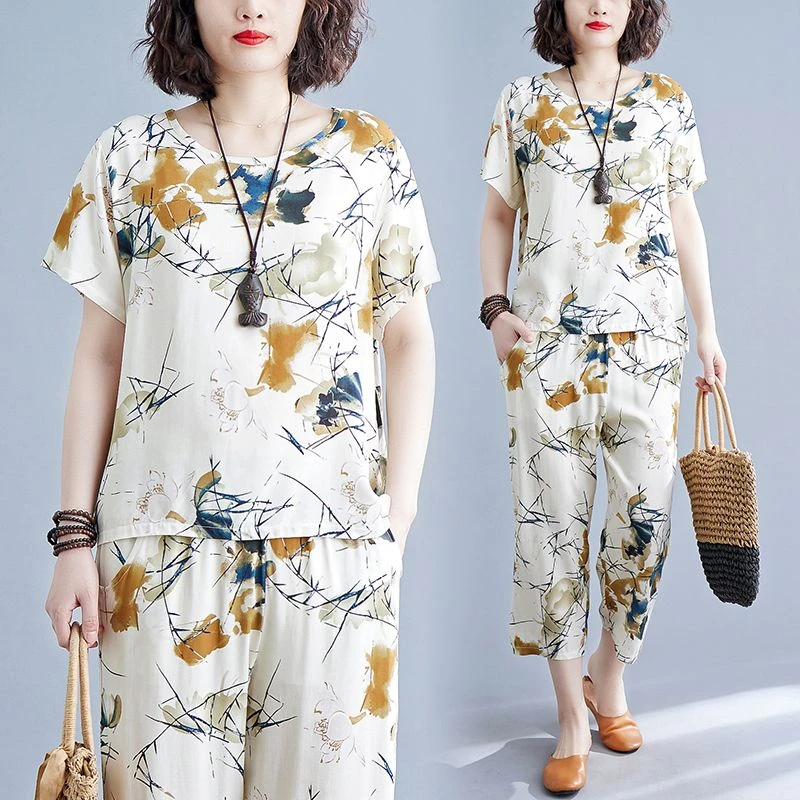 中国风棉绸时尚套装女夏季短袖七分裤家居服中年妈妈棉绸睡衣套装