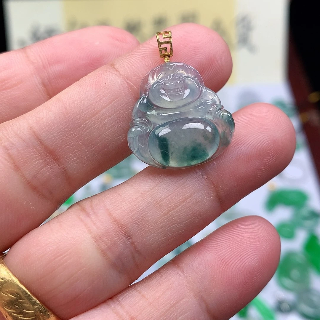 翡翠裸石18K金镶嵌缅甸天然A货翡翠冰种佛公