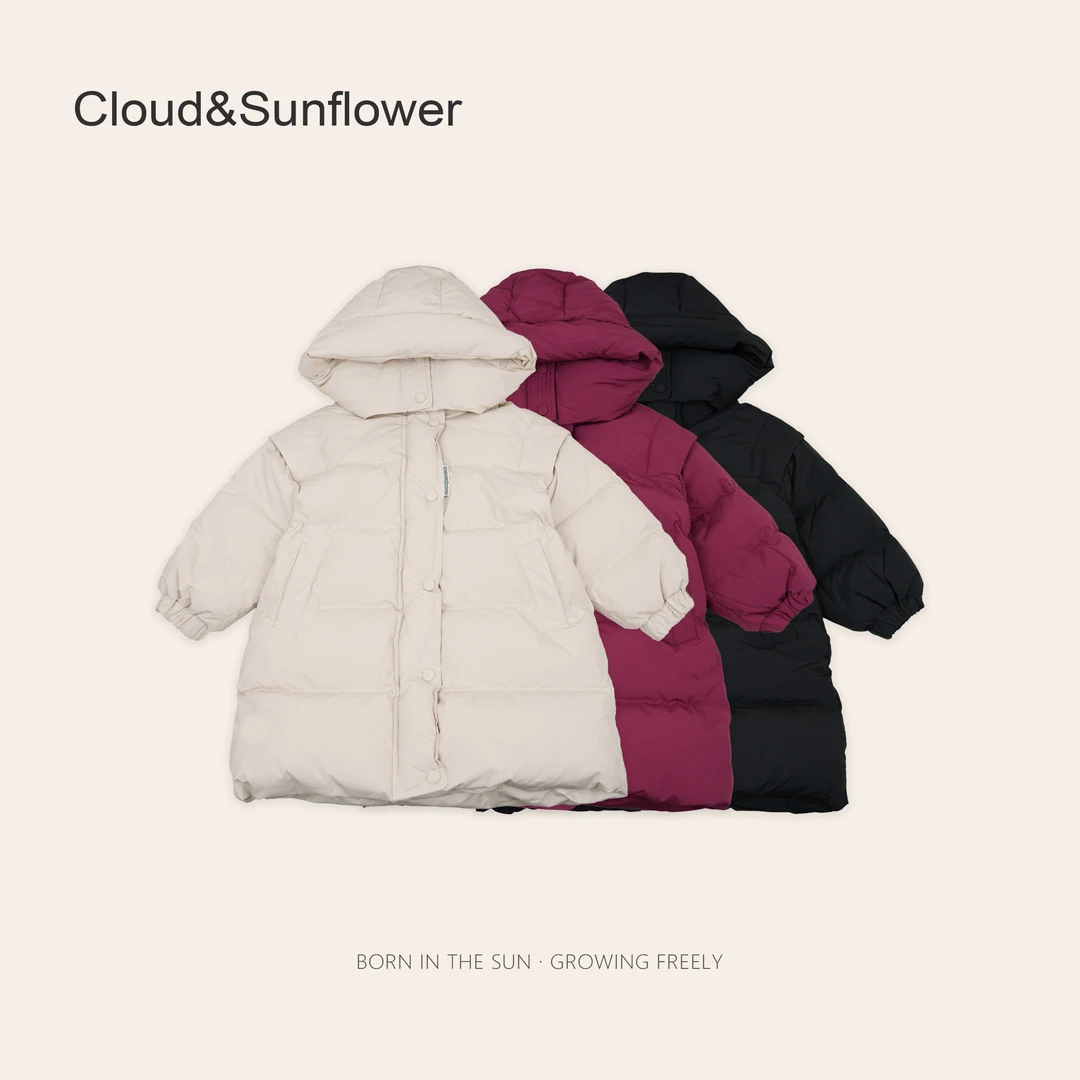 女童五粒扣冬季纯色连帽款百搭羽绒服1114