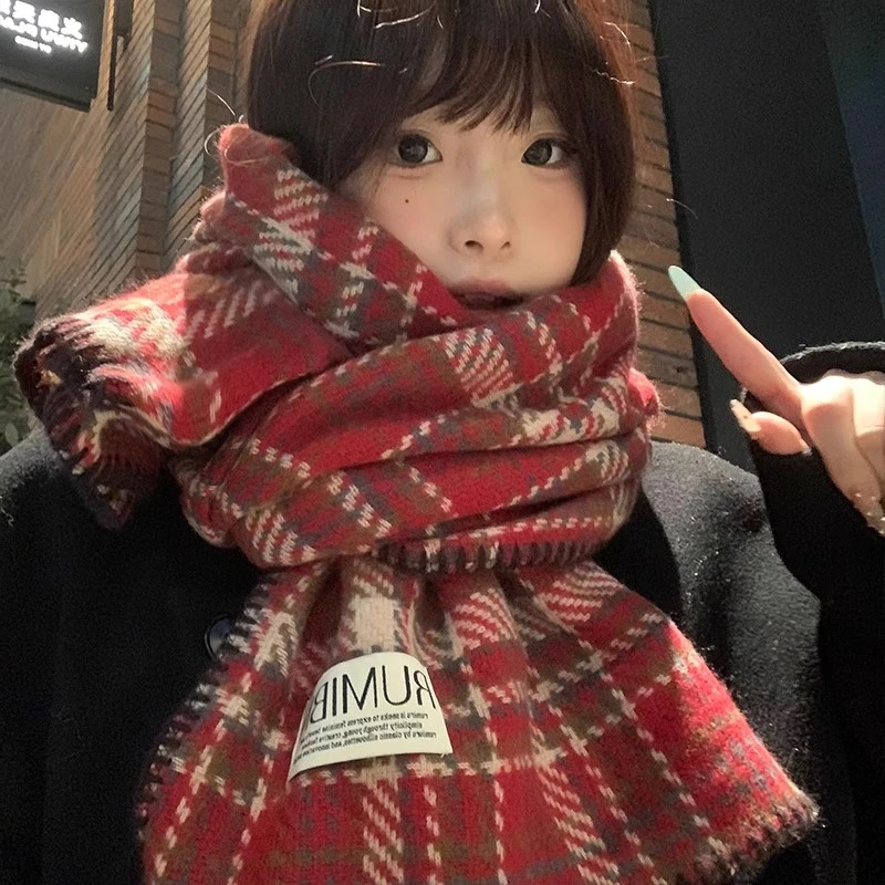 复古氛围感红色格子针织围巾女2025年秋冬季百搭保暖学生圣诞围脖