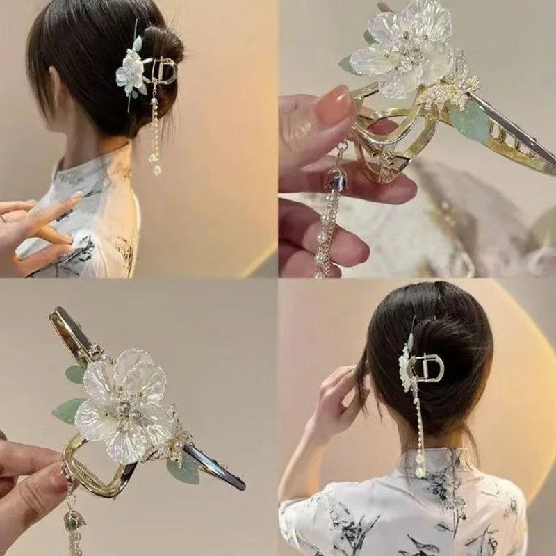 【纯白山茶】国风花朵流苏抓夹发夹原超仙大号山茶花抓夹子新中式女